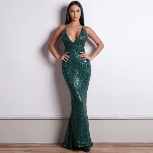 Sexy Dark Green Sequins Evening Dresses 2020 Trumpet Mermaid Spaghetti Straps Sleeveless Formal Dresses Ruffle Backless Sweep Train