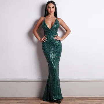 Sexy Dark Green Sequins Evening Dresses 2020 Trumpet Mermaid Spaghetti Straps Sleeveless Formal Dresses Ruffle Backless Sweep Train