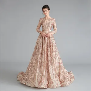 Élégant Doré Robe De Soirée 2020 Princesse Encolure Carrée Manches Longues Paillettes Ceinture Tribunal Train Volants Dos Nu Robe De Ceremonie