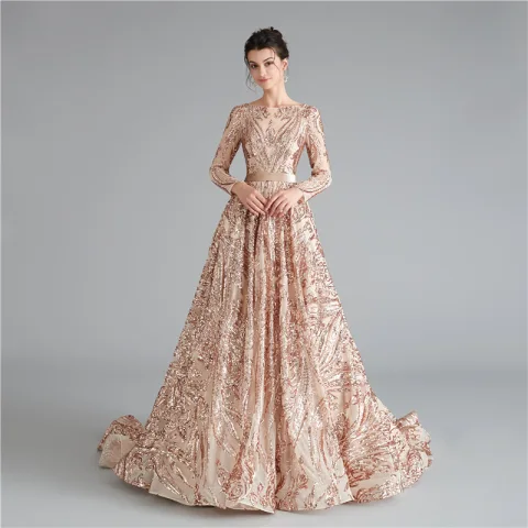 Elegant Gold Evening Dresses  2020 A-Line / Princess Square Neckline Long Sleeve Sequins Sash Court Train Ruffle Backless Formal Dresses