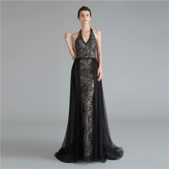 Fashion Black Evening Dresses 2020 A Line Princess Halter Sleeveless Appliques Lace Ruffle Beading Sequins Sweep Train Backless Formal Dresses