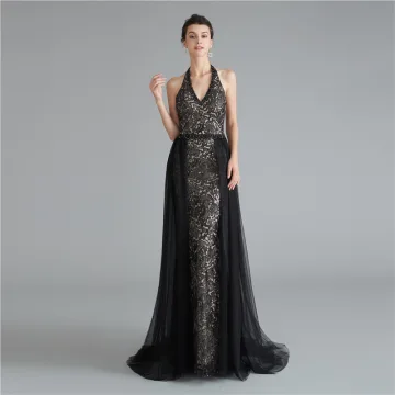 Mode Noire Robe De Soirée 2020 Princesse Titulaire Sans Manches Appliques En Dentelle Volants Perlage Paillettes Train De Balayage Dos Nu Robe De Ceremonie