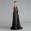 Fashion Black Evening Dresses  2020 A-Line / Princess Halter Sleeveless Appliques Lace Ruffle Beading Sequins Sweep Train Backless Formal Dresses