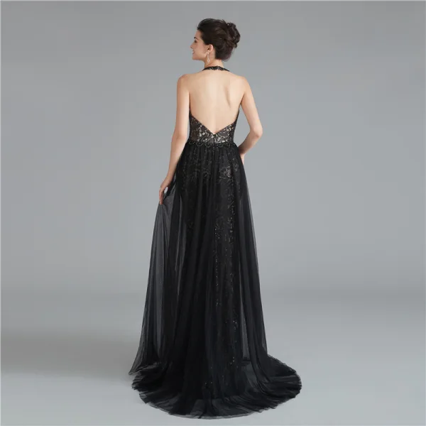 Mode Noire Robe De Soirée 2020 Princesse Titulaire Sans Manches Appliques En Dentelle Volants Perlage Paillettes Train De Balayage Dos Nu Robe De Ceremonie