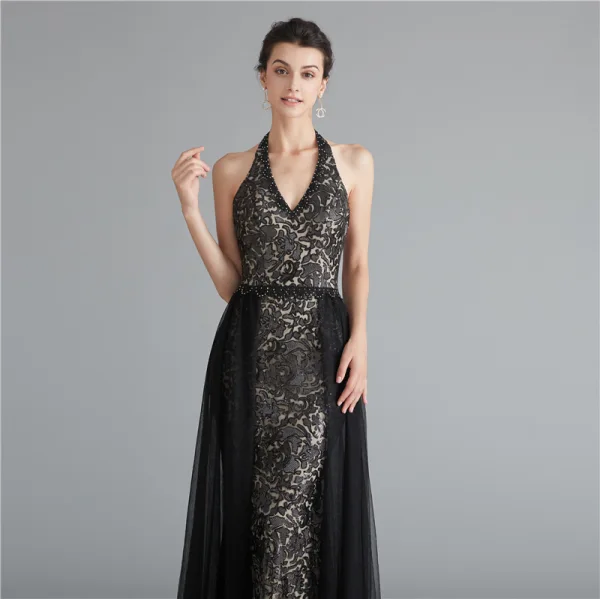 Mode Noire Robe De Soirée 2020 Princesse Titulaire Sans Manches Appliques En Dentelle Volants Perlage Paillettes Train De Balayage Dos Nu Robe De Ceremonie