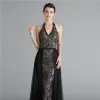Fashion Black Evening Dresses  2020 A-Line / Princess Halter Sleeveless Appliques Lace Ruffle Beading Sequins Sweep Train Backless Formal Dresses
