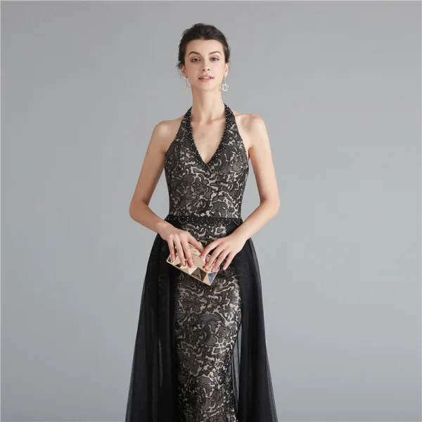 Mode Noire Robe De Soirée 2020 Princesse Titulaire Sans Manches Appliques En Dentelle Volants Perlage Paillettes Train De Balayage Dos Nu Robe De Ceremonie