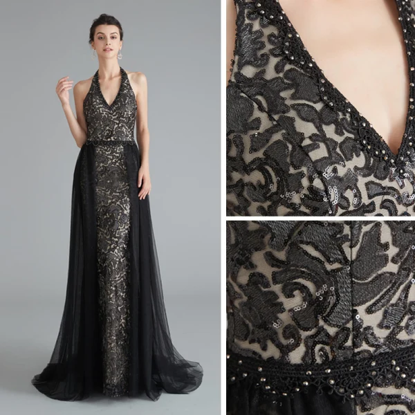 Mode Noire Robe De Soirée 2020 Princesse Titulaire Sans Manches Appliques En Dentelle Volants Perlage Paillettes Train De Balayage Dos Nu Robe De Ceremonie