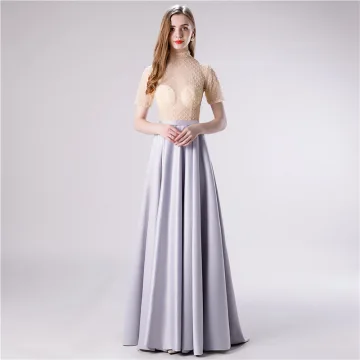 Illusion Gris Satin Transparentes Robe De Soirée 2020 Princesse Col Haut Manches Courtes Perlage Ceinture Train De Balayage Volants Robe De Ceremonie