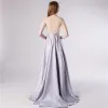 Illusion Grey Satin See-through Evening Dresses  2020 A-Line / Princess High Neck Short Sleeve Beading Sash Sweep Train Ruffle Formal Dresses