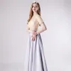 Illusion Grey Satin See-through Evening Dresses  2020 A-Line / Princess High Neck Short Sleeve Beading Sash Sweep Train Ruffle Formal Dresses