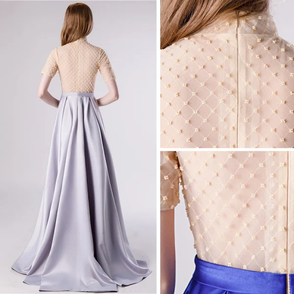 Illusion Grau Satin Durchsichtige Abendkleider 2020 A Linie Stehkragen Kurze Ärmel Perlenstickerei Stoffgürtel Sweep / Pinsel Zug Rüschen Festliche Kleider