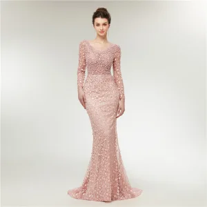 High End Perle Rosa Gjennomsiktig Selskapskjoler 2020 Trompet Havfrue Scoop Halsen Langermede Appliques Blonder Beading Perle Feie Tog Buste Ryggløse Formelle Kjoler