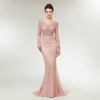 High End Pearl Pink See Through Evening Dresses 2020 Trumpet Mermaid Scoop Neck Long Sleeve Appliques Lace Beading Pearl Sweep Train Ruffle Backless Formal Dresses