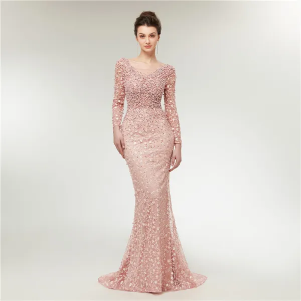 High-end Pearl Pink See-through Evening Dresses  2020 Trumpet / Mermaid Scoop Neck Long Sleeve Appliques Lace Beading Pearl Sweep Train Ruffle Backless Formal Dresses
