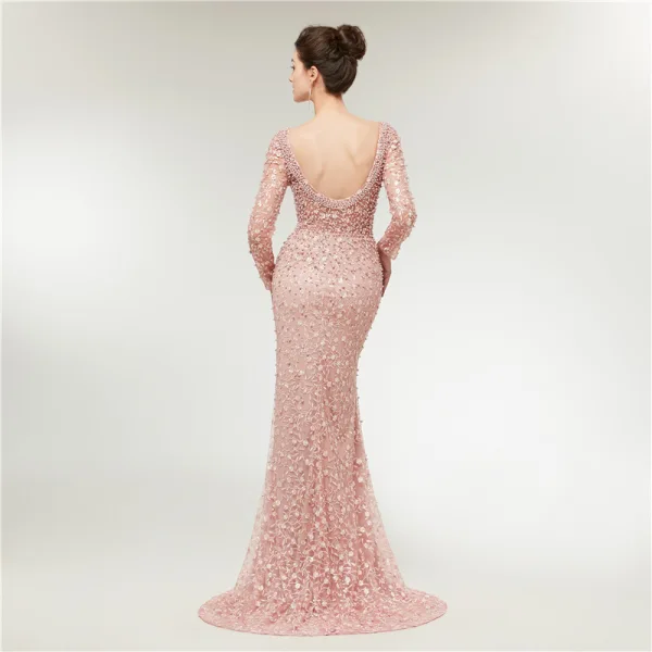Haut de Gamme Perle Rose Transparentes Robe De Soirée 2020 Trompette / Sirène Encolure Dégagée Manches Longues Appliques En Dentelle Perlage Perle Train De Balayage Volants Dos Nu Robe De Ceremonie