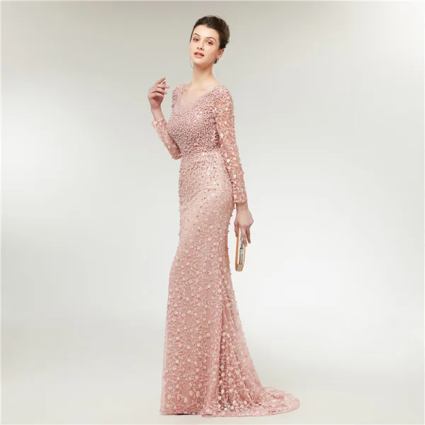 Haut de Gamme Perle Rose Transparentes Robe De Soirée 2020 Trompette / Sirène Encolure Dégagée Manches Longues Appliques En Dentelle Perlage Perle Train De Balayage Volants Dos Nu Robe De Ceremonie