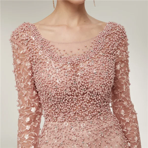 Haut de Gamme Perle Rose Transparentes Robe De Soirée 2020 Trompette / Sirène Encolure Dégagée Manches Longues Appliques En Dentelle Perlage Perle Train De Balayage Volants Dos Nu Robe De Ceremonie