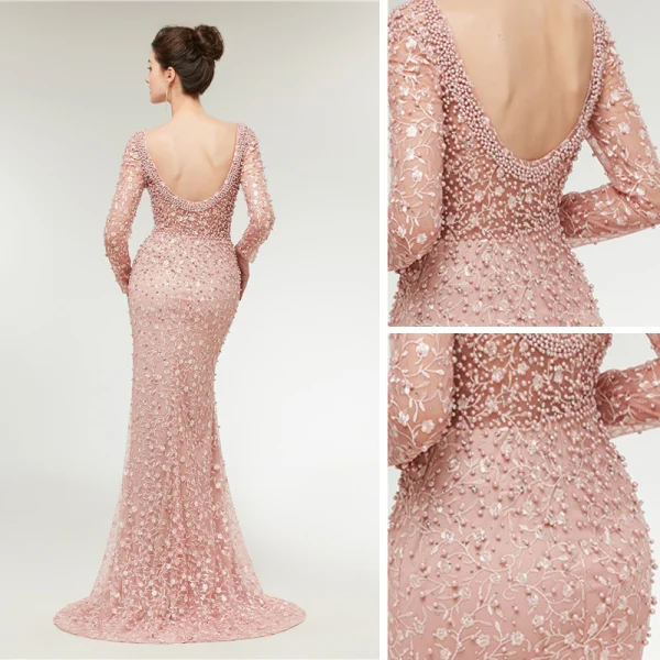 Haut de Gamme Perle Rose Transparentes Robe De Soirée 2020 Trompette / Sirène Encolure Dégagée Manches Longues Appliques En Dentelle Perlage Perle Train De Balayage Volants Dos Nu Robe De Ceremonie