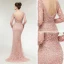 Haut de Gamme Perle Rose Transparentes Robe De Soirée 2020 Trompette / Sirène Encolure Dégagée Manches Longues Appliques En Dentelle Perlage Perle Train De Balayage Volants Dos Nu Robe De Ceremonie