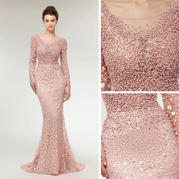 Haut de Gamme Perle Rose Transparentes Robe De Soirée 2020 Trompette / Sirène Encolure Dégagée Manches Longues Appliques En Dentelle Perlage Perle Train De Balayage Volants Dos Nu Robe De Ceremonie