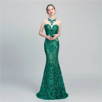 Chic Belle Vert Foncé Paillettes Robe De Soirée 2020 Trompette Sirène Transparentes Encolure Dégagée Sans Manches Longue Dos Nu Robe De Ceremonie