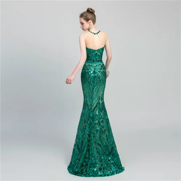 Chic / Belle Vert Foncé Paillettes Robe De Soirée 2020 Trompette / Sirène Transparentes Encolure Dégagée Sans Manches Longue Dos Nu Robe De Ceremonie