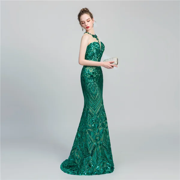 Chic / Belle Vert Foncé Paillettes Robe De Soirée 2020 Trompette / Sirène Transparentes Encolure Dégagée Sans Manches Longue Dos Nu Robe De Ceremonie