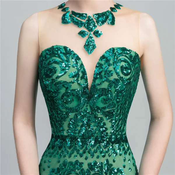 Chic / Belle Vert Foncé Paillettes Robe De Soirée 2020 Trompette / Sirène Transparentes Encolure Dégagée Sans Manches Longue Dos Nu Robe De Ceremonie