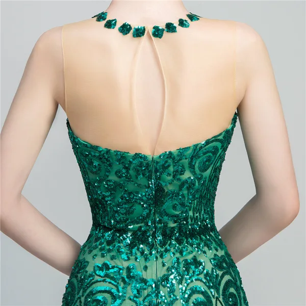 Chic / Belle Vert Foncé Paillettes Robe De Soirée 2020 Trompette / Sirène Transparentes Encolure Dégagée Sans Manches Longue Dos Nu Robe De Ceremonie