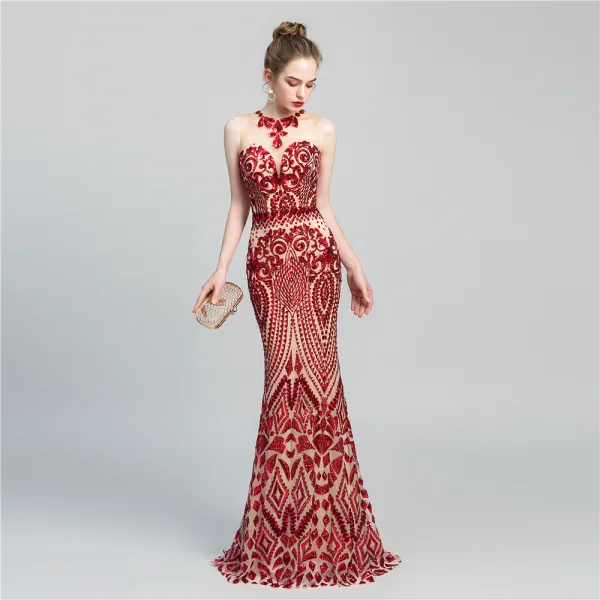 Chic / Belle Vert Foncé Paillettes Robe De Soirée 2020 Trompette / Sirène Transparentes Encolure Dégagée Sans Manches Longue Dos Nu Robe De Ceremonie