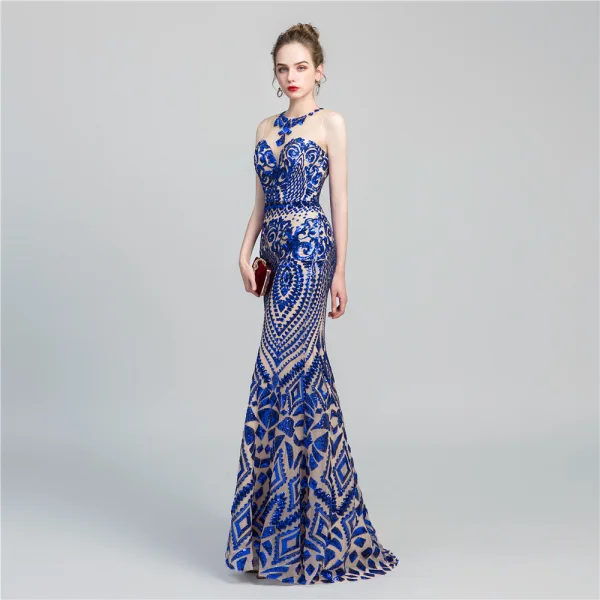 Chic / Belle Vert Foncé Paillettes Robe De Soirée 2020 Trompette / Sirène Transparentes Encolure Dégagée Sans Manches Longue Dos Nu Robe De Ceremonie