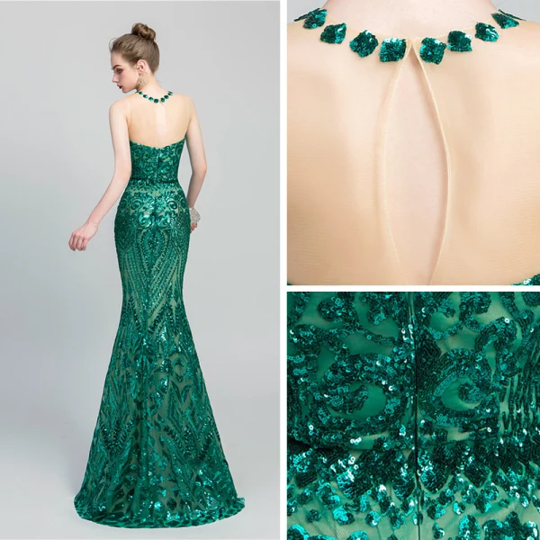 Chic / Belle Vert Foncé Paillettes Robe De Soirée 2020 Trompette / Sirène Transparentes Encolure Dégagée Sans Manches Longue Dos Nu Robe De Ceremonie
