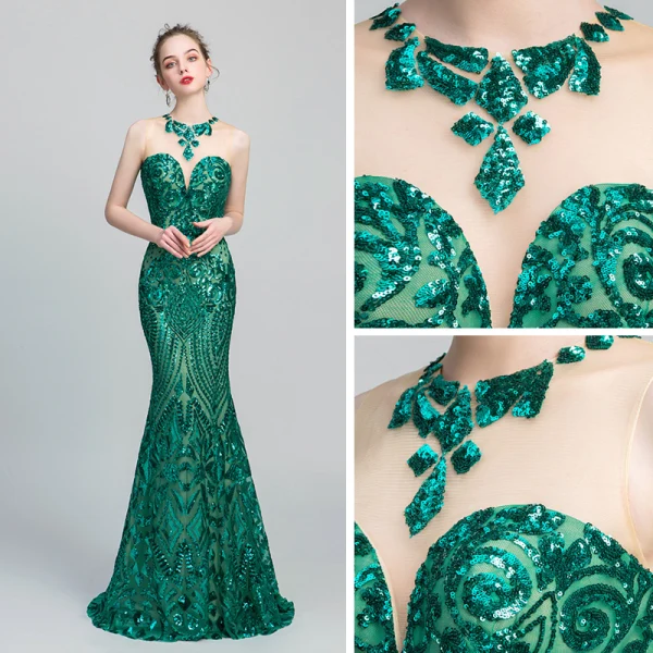 Chic / Belle Vert Foncé Paillettes Robe De Soirée 2020 Trompette / Sirène Transparentes Encolure Dégagée Sans Manches Longue Dos Nu Robe De Ceremonie