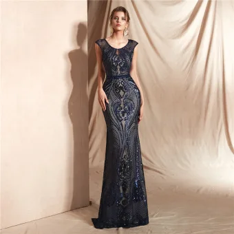 Élégant Bleu Marine Transparentes Dentelle Robe De Soirée 2020 Trompette Sirène Encolure Dégagée Sans Manches Paillettes Longue Volants Robe De Ceremonie