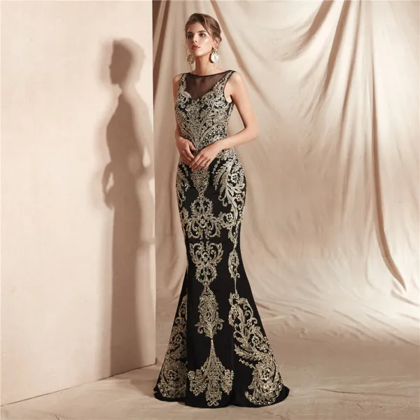 Elegant Black See-through Evening Dresses  2020 Trumpet / Mermaid Square Neckline Sleeveless Appliques Lace Beading Floor-Length / Long Formal Dresses