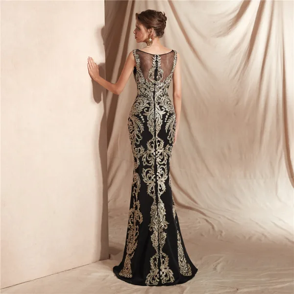 Elegant Black See-through Evening Dresses 2020 Trumpet / Mermaid Square Neckline Sleeveless Appliques Lace Beading Floor-Length / Long Formal Dresses