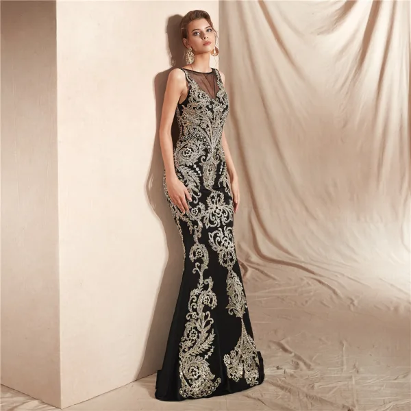 Elegant Black See-through Evening Dresses 2020 Trumpet / Mermaid Square Neckline Sleeveless Appliques Lace Beading Floor-Length / Long Formal Dresses