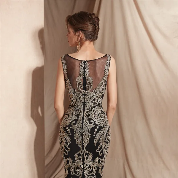 Elegant Black See-through Evening Dresses 2020 Trumpet / Mermaid Square Neckline Sleeveless Appliques Lace Beading Floor-Length / Long Formal Dresses