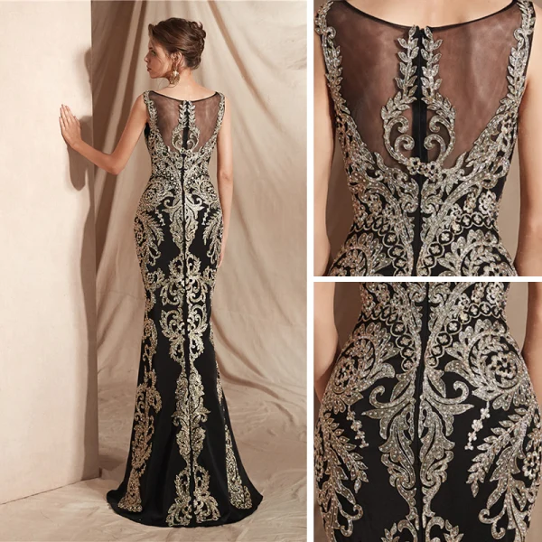 Elegant Black See-through Evening Dresses 2020 Trumpet / Mermaid Square Neckline Sleeveless Appliques Lace Beading Floor-Length / Long Formal Dresses