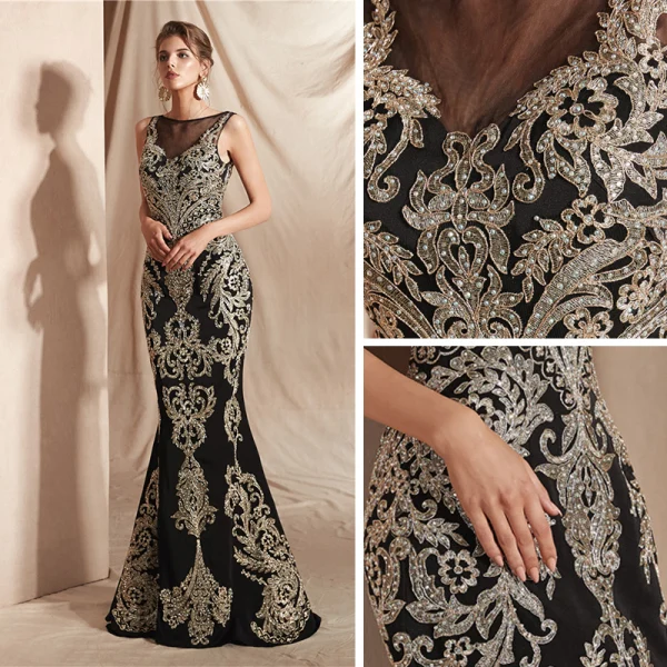 Elegant Black See-through Evening Dresses 2020 Trumpet / Mermaid Square Neckline Sleeveless Appliques Lace Beading Floor-Length / Long Formal Dresses