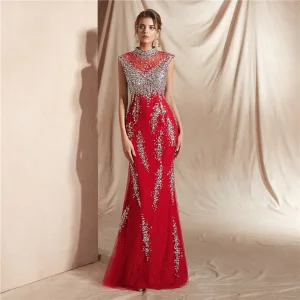 Haut De Gamme Rouge Transparentes Robe De Soirée 2020 Trompette Sirène Col Haut Sans Manches Paillettes Perlage Longue Robe De Ceremonie