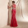 High-end Red See-through Evening Dresses  2020 Trumpet / Mermaid High Neck Sleeveless Sequins Beading Floor-Length / Long Formal Dresses