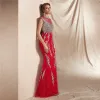 High-end Red See-through Evening Dresses  2020 Trumpet / Mermaid High Neck Sleeveless Sequins Beading Floor-Length / Long Formal Dresses