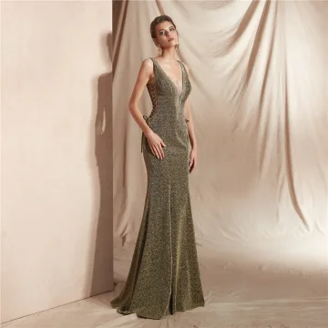 Sexy Clover Green Evening Dresses 2020 Trumpet Mermaid Deep V Neck Sleeveless Glitter Polyester Floor Length Long Ruffle Backless Formal Dresses
