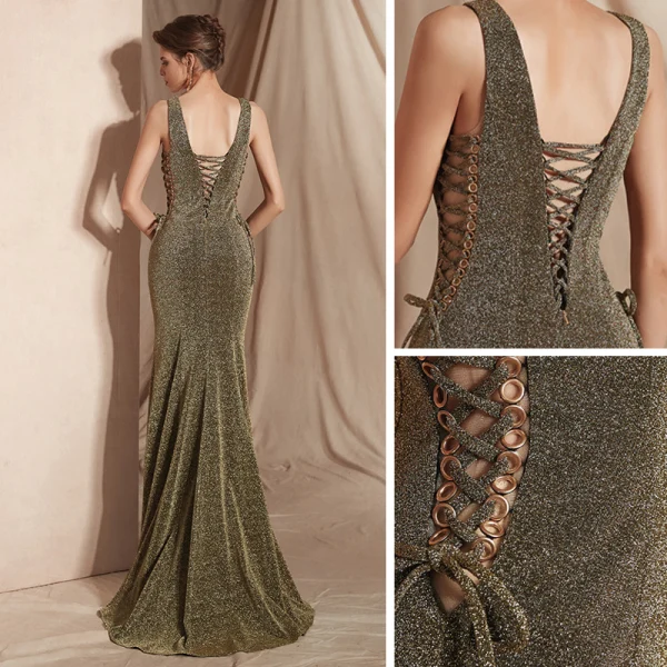 Sexy Klee Grün Abendkleider 2020 Meerjungfrau Tiefer V-Ausschnitt Ärmellos Glanz Polyester Lange Rüschen Rückenfreies Festliche Kleider