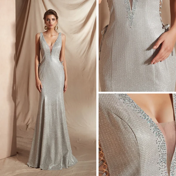 Sexy Klee Grün Abendkleider 2020 Meerjungfrau Tiefer V-Ausschnitt Ärmellos Glanz Polyester Lange Rüschen Rückenfreies Festliche Kleider