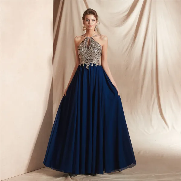 Elegant Navy Blue Chiffon See-through Dancing Prom Dresses 2020 A-Line / Princess Halter Sleeveless Appliques Lace Beading Floor-Length / Long Backless Formal Dresses