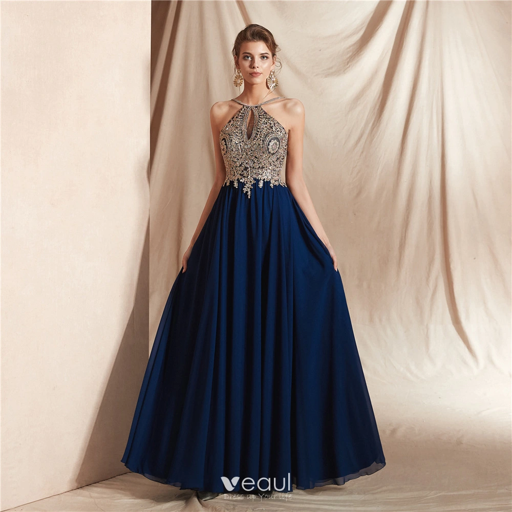 Elegant Navy Blue Chiffon See-through Dancing Prom Dresses 2020 A-Line / Princess Halter Sleeveless Appliques Lace Beading Floor-Length / Long