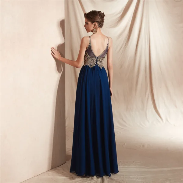 Élégant Bleu Marine Chiffon Transparentes Dansant Robe De Bal 2020 Princesse Titulaire Sans Manches Appliques En Dentelle Perlage Longue Dos Nu Robe De Ceremonie